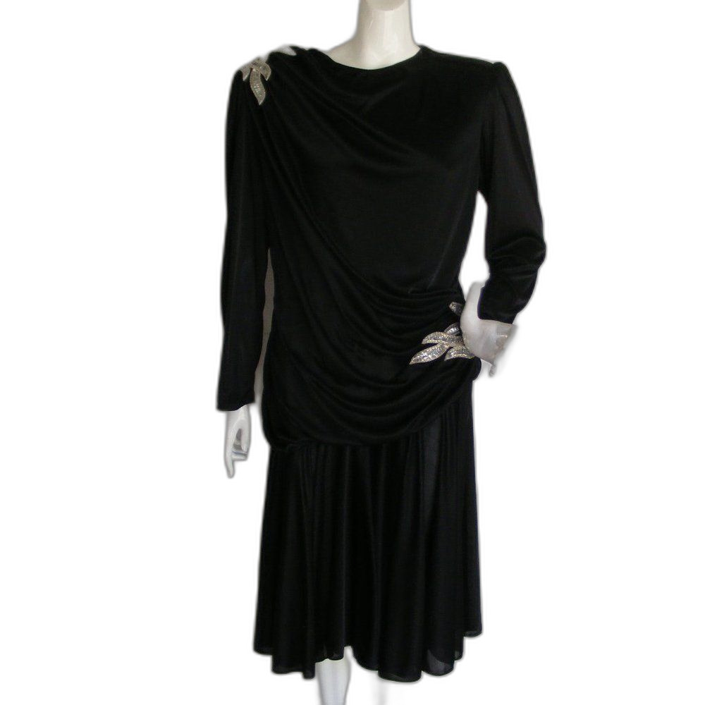 Vintage ABBY KENT Evening Dress, M/L, Black, Beaded Shoulder/hip, Gathered/Drape
